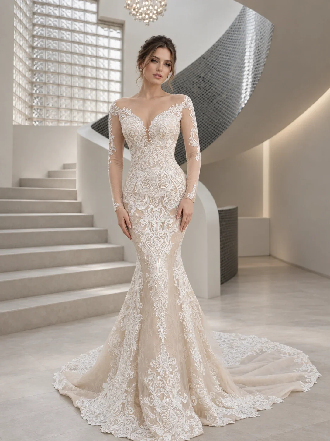 Champagne lace mermaid wedding dress with illusion long sleeves