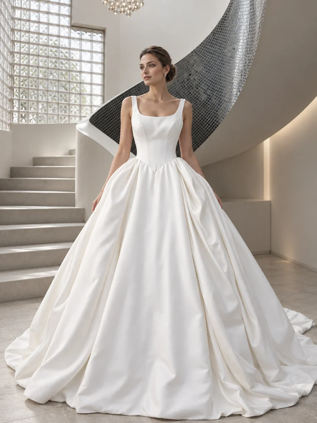 Ivory satin ball gown wedding dress with square neckline