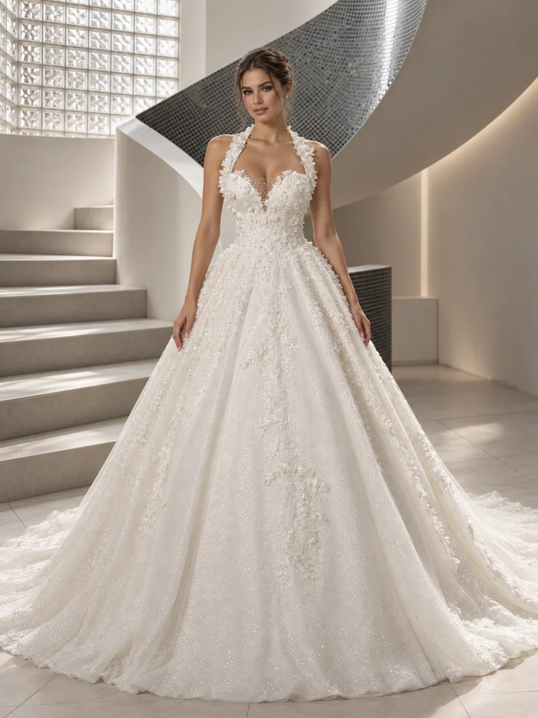 Sparkling ball gown wedding dress with floral lace halter neckline