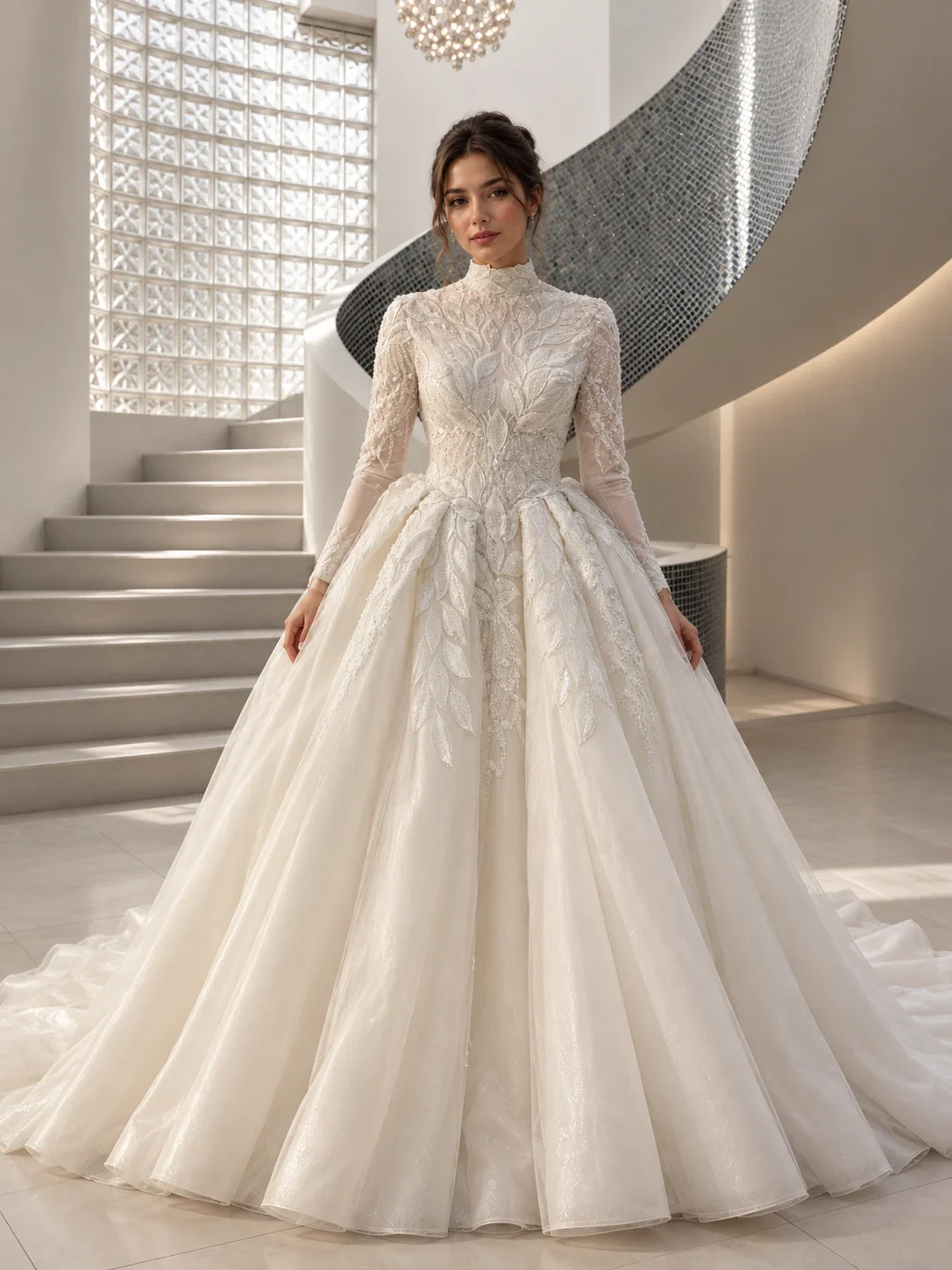 Long-sleeve beaded ball gown wedding dress with high neckline