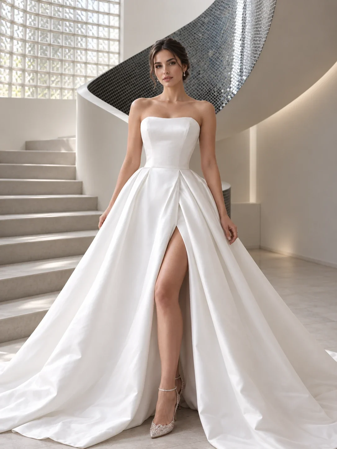 Strapless satin ball gown wedding dress with side slit