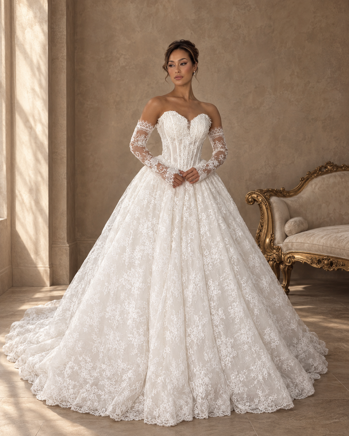 Bride in an ivory satin gown with puff sleeves and detachable overskirt, in a sunlit colonnade
